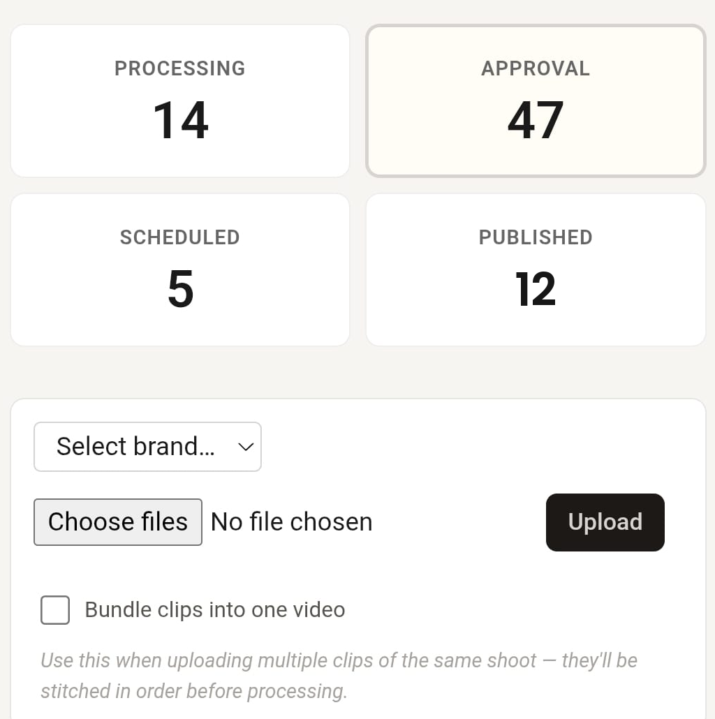 The upload panel in your dashboard: pick your brand, choose your files, press Upload.